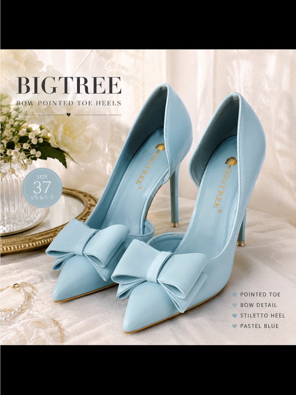 BIGTREE Pastel Blue Pointed-Toe Bow Stiletto Heels